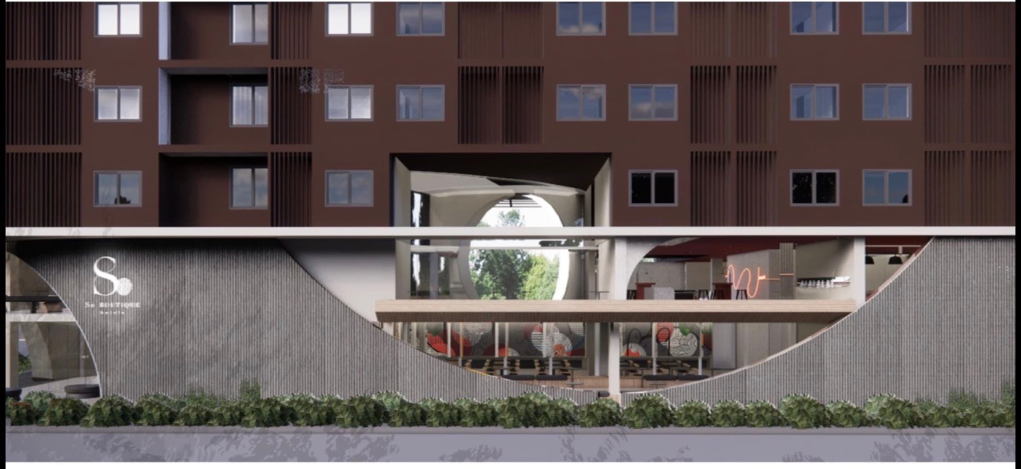 Outdoor dining terrace beneath the great circular opening
